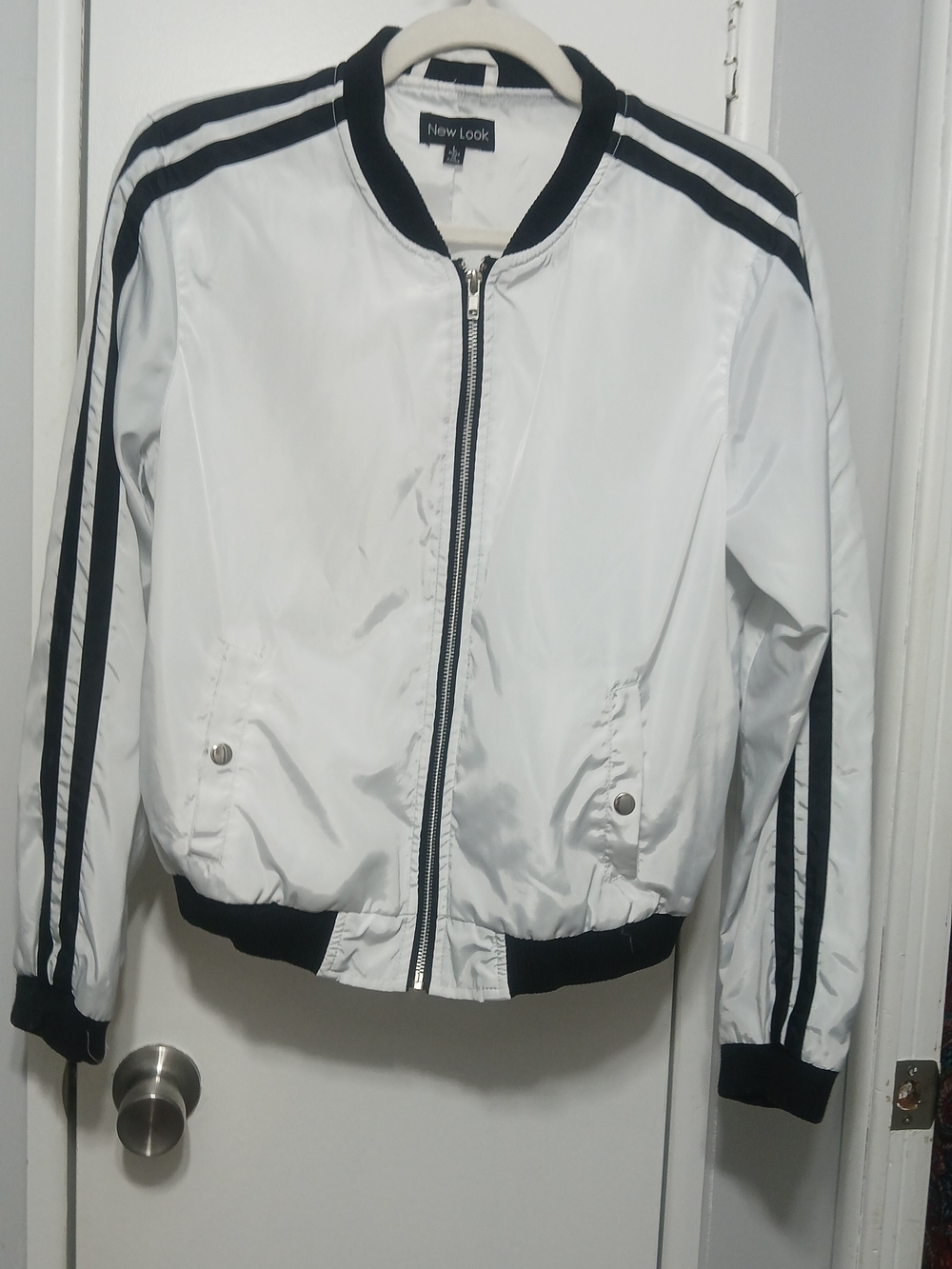 New Look White Bomber Jacket with Black Stripe Trim